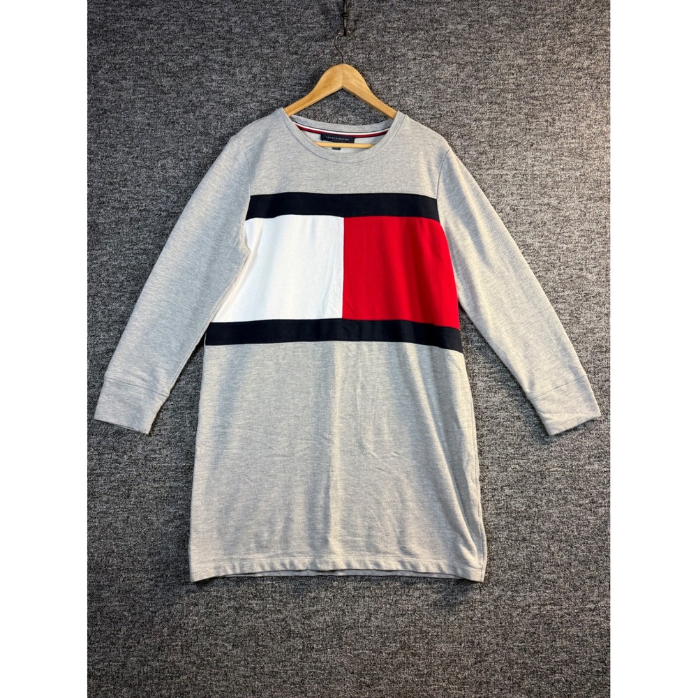 Tommy Hilfiger Womens XL Gray Colorblock Flag Logo Sweatshirt Dress Long Sleeve